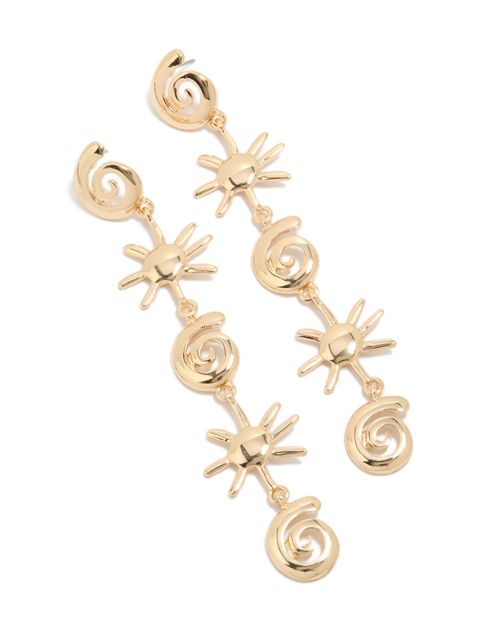 Featuring statement gold shell and sun drop earrings with celestial and ocean-inspired design front view