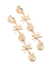 Featuring statement gold shell and sun drop earrings with celestial and ocean-inspired design front view - link has visual effect only