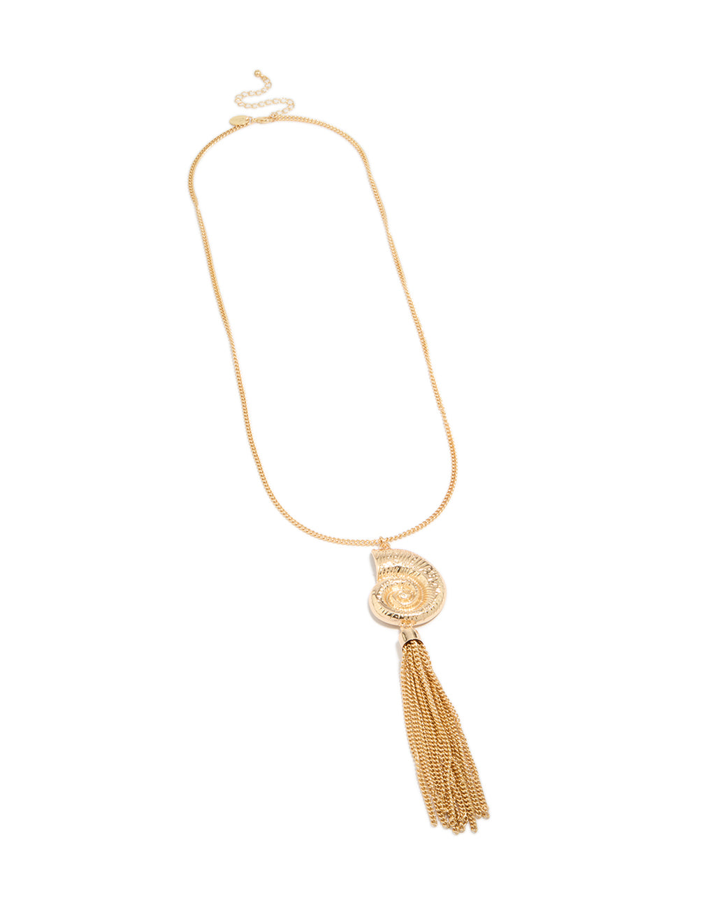 Elegantly designed shell and tassel necklace in gold with ocean inspired details front view
