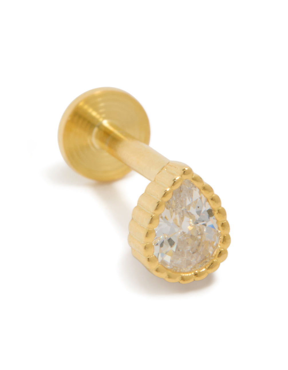 Crafted from gold plated sterling silver with dainty pear cut cubic zirconia and flat back closure close up view