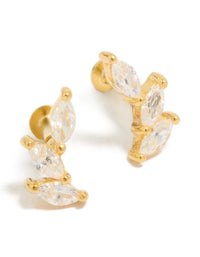 Elegant crawler earrings featuring gold plated sterling silver with marquise cut cubic zirconia and flat back stud closure front view - link has visual effect only