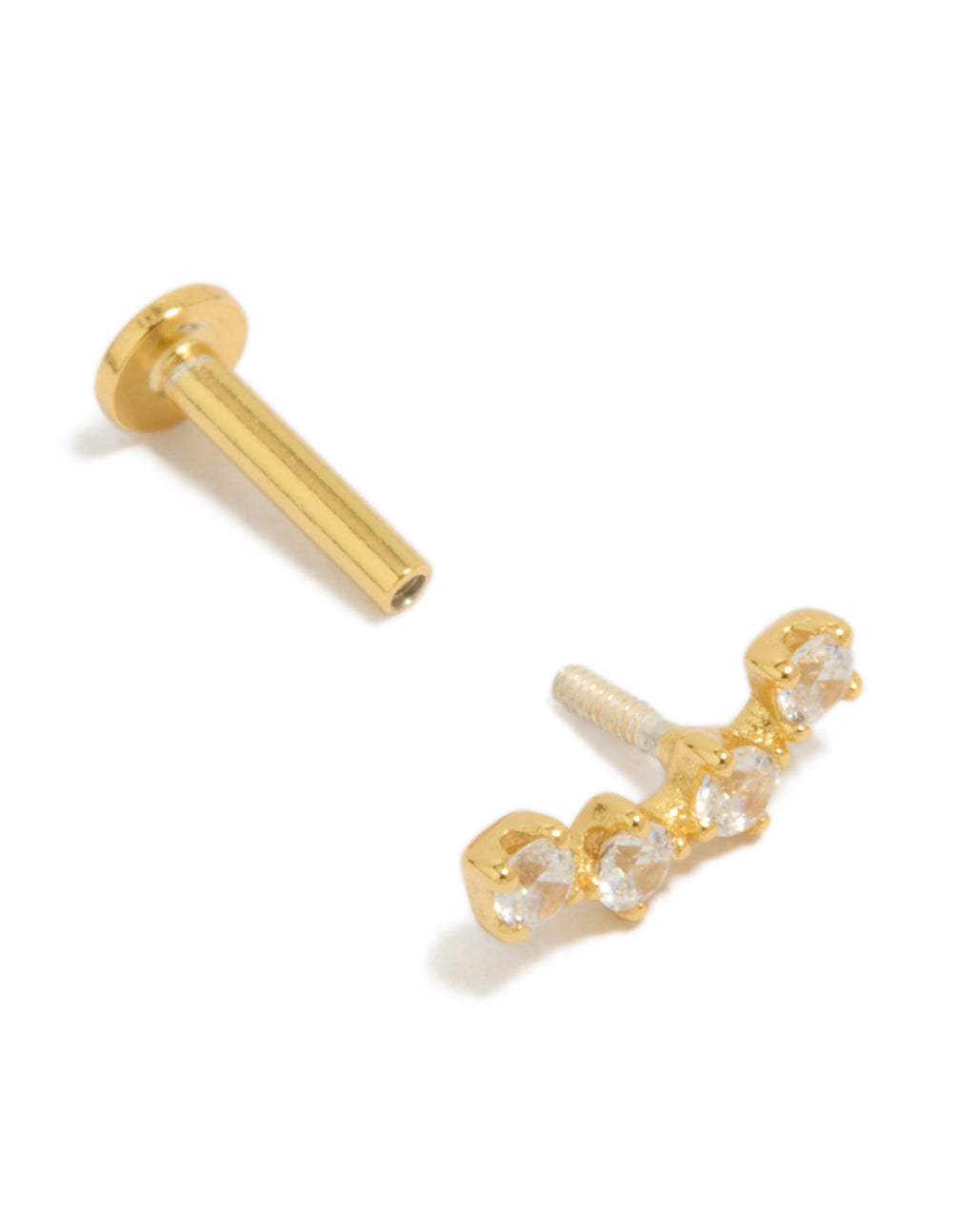Showcasing a crawler single flat back stud in gold plated sterling silver with cubic zirconia post detail view