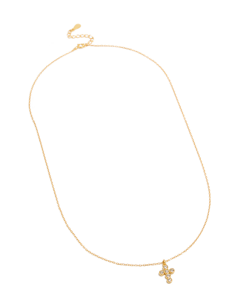 Featuring a cross pendant necklace crafted from cubic zirconia with sterling silver and gold plated finish front view