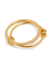 Showcasing a gold plated sterling silver cubic zirconia double link ring front view - link has visual effect only