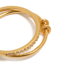 Elegant gold plated sterling silver cubic zirconia double link ring close up view - link has visual effect only