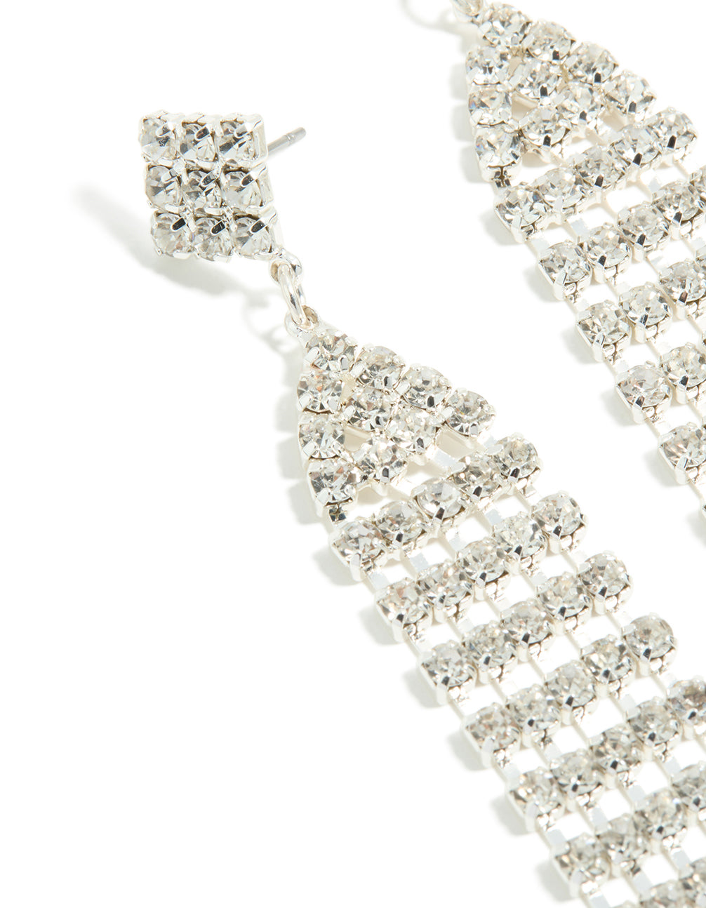 Detailed silver diamante sparkling stud drop earrings with tassel accents in clear close up view