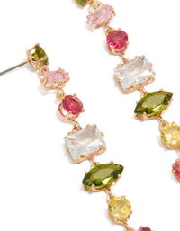 Featuring statement drop earrings with mismatched colourful cubic zirconia stones in gold and pink, olive, yellow tones close up view - link has visual effect only