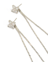 Elegant dainty floral cubic zirconia double chain flower drop earrings crafted in silver close up view - link has visual effect only