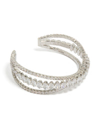 Discover a statement crossover wrist cuff featuring cubic zirconia in silver front view - link has visual effect only