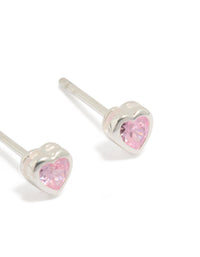 Featuring sterling silver pink cubic zirconia heart earrings post detail view - link has visual effect only