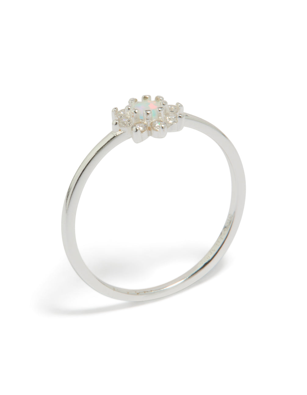 Beautiful sterling silver cubic zirconia faux opal star ring featuring celestial design front view