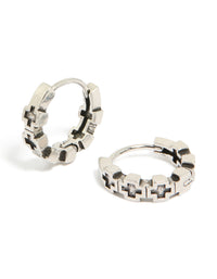 Waterproof mens brushed stainless steel multi cross huggie hoop earrings featuring black detail in silver front view - link has visual effect only