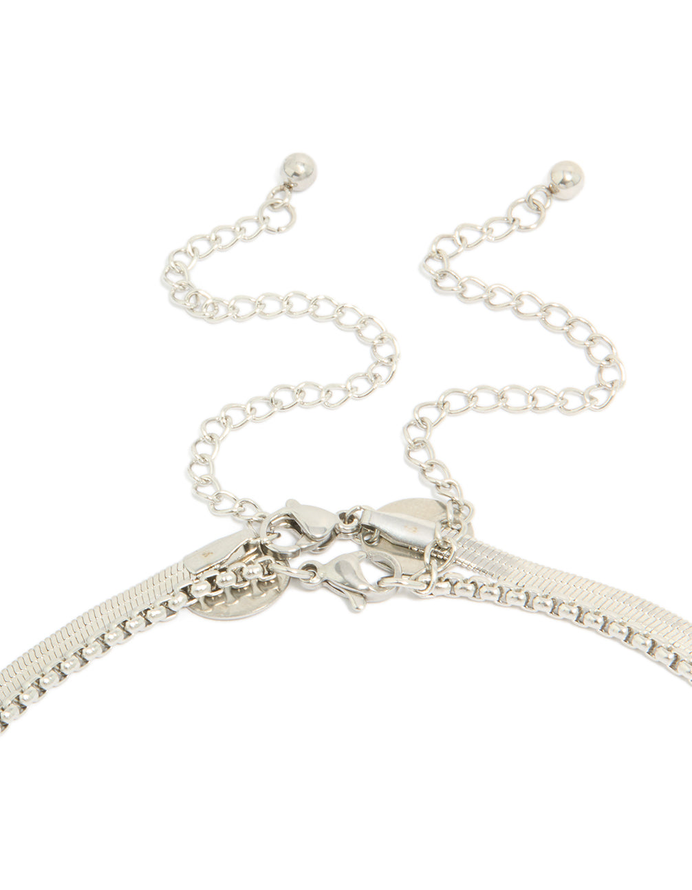 Highlighting mens waterproof stainless steel snake and box chain necklaces in a 2-pack crafted in silver clasp detail view