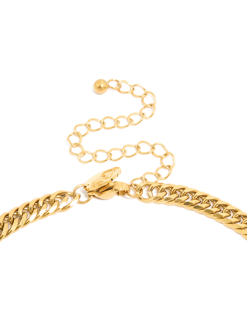 Explore a waterproof mens smooth cuban link necklace crafted from gold plated stainless steel clasp detail view