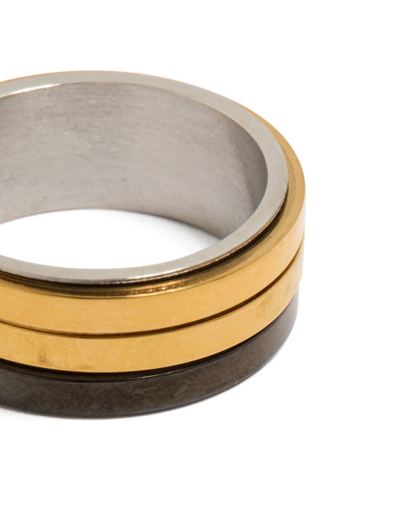 Highlighting a mens waterproof gold plated and black coated stainless steel band ring with layered bands in silver close up view