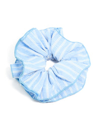 Discover this pale blue fabric ruffle scrunchie with white stripe print in a statement style front view - link has visual effect only