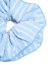 Featuring pale blue fabric ruffle scrunchie with white stripe print in a statement style detail view - link has visual effect only