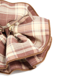 Elegant ruffled checkered fabric scrunchie with statement design in rosy brown, burlywood, tan, and ivory side view - link has visual effect only