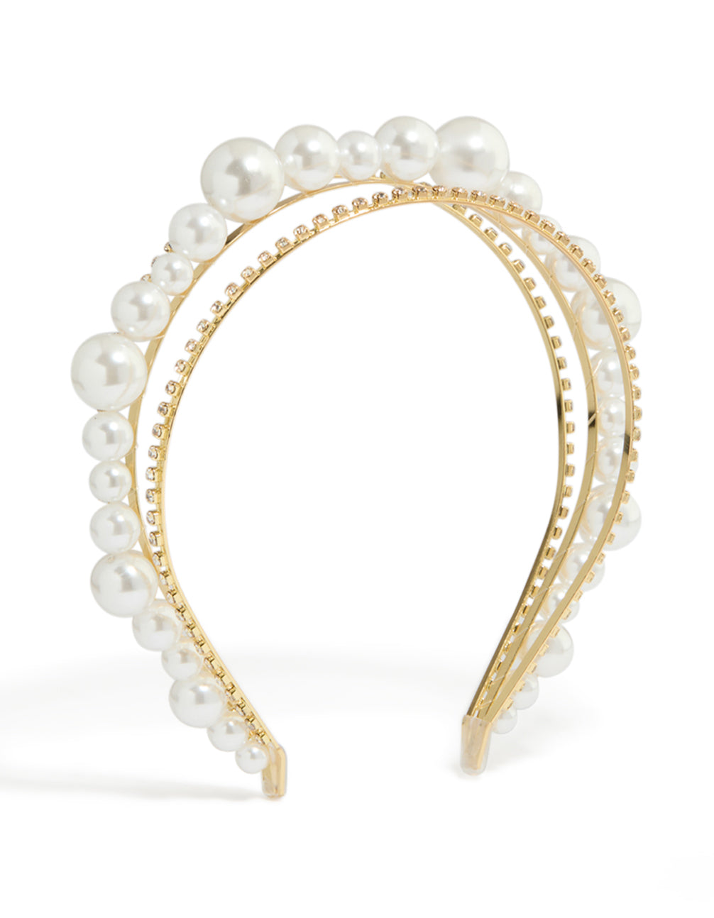 Showcasing a gold pearl diamante triple row headband with ivory accents front view