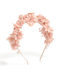 Beautifully crafted beaded floral headband with jewelled accents in rose gold and glass material front view - link has visual effect only