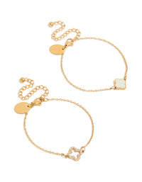Featuring waterproof floral bracelets crafted from stainless steel with cubic zirconia in dainty gold plated style 2-pack front view - link has visual effect only
