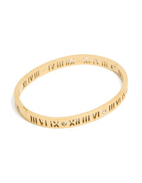 Discover this waterproof gold plated stainless steel cubic zirconia roman numeral hinged bangle in front view - link has visual effect only