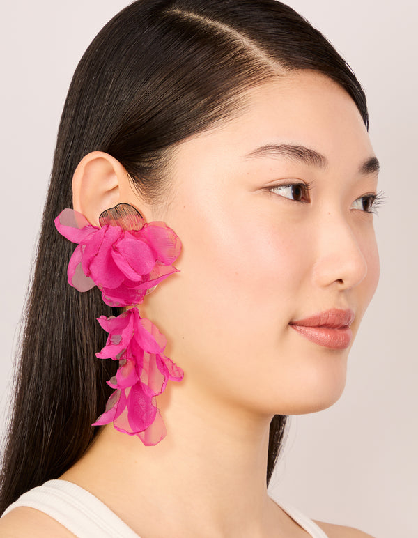 Hot Pink Fabric Flower Drop Earrings