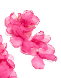 Crafted from fabric, these statement drop earrings feature floral design in hot pink and light pink post detail view - link has visual effect only