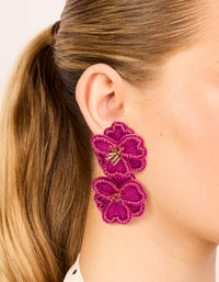 Hot Pink Fabric Beaded Double Flower Drop Earrings - link has visual effect only
