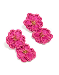 Discover statement hot pink fabric beaded double flower drop earrings front view - link has visual effect only