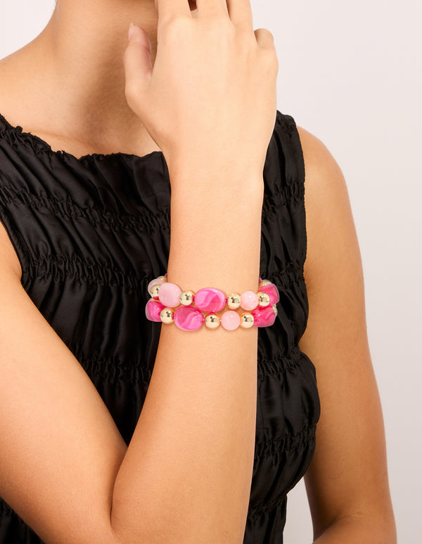 Gold & Pink Acrylic Beaded Stretch Bracelets 2-Pack