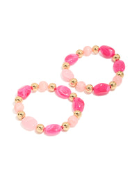 Beaded stretch bracelet 2-pack featuring hot pink, light pink, and gold acrylic beads front view - link has visual effect only