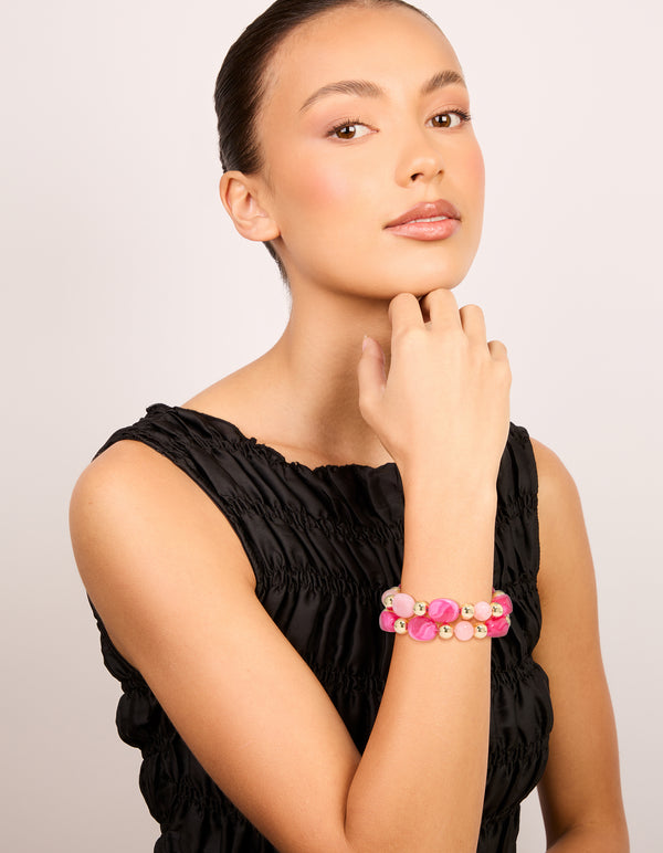 Gold & Pink Acrylic Beaded Stretch Bracelets 2-Pack