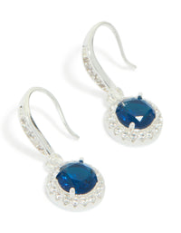 Showcasing drop earrings with halo cut cubic zirconia in sapphire blue, crafted from plated material front view - link has visual effect only