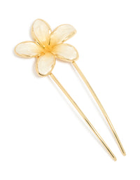 Showcasing a floral ombre frangipani hair pin crafted from enamel in gold front view - link has visual effect only