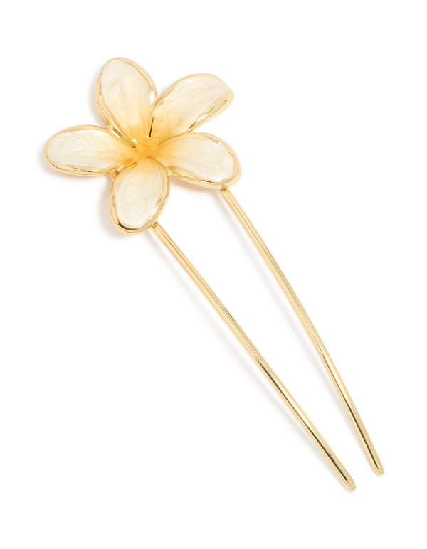 Showcasing a floral ombre frangipani hair pin crafted from enamel in gold front view