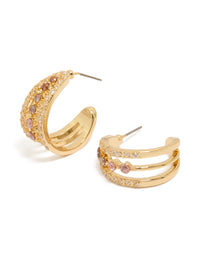 Showcasing gold plated cubic zirconia triple hoop medium earrings with hoop closure front view - link has visual effect only