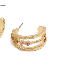 Highlighting gold plated cubic zirconia triple hoop medium earrings with detailed craftsmanship and post detail view - link has visual effect only