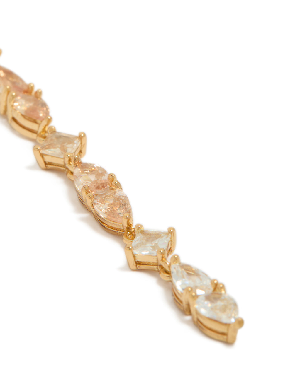 Highlighting the intricate multi shaped cognac cubic zirconia stones set in gold plated statement drop earrings post detail view