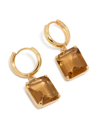 Beautifully crafted gold plated large square cognac cubic zirconia drop earrings with statement style front view - link has visual effect only