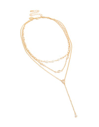 Featuring a gold plated cubic zirconia and freshwater pearl triple layered Y-necklace in dainty style front view - link has visual effect only