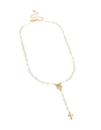 Featuring a beaded rosary necklace with cross accents, crafted from diamante in gold plated material front view - link has visual effect only