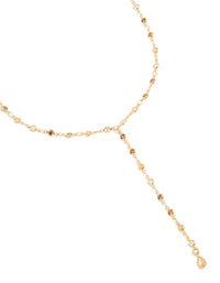 Showcasing a gold plated multicoloured cubic zirconia circle detailed Y-necklace dainty style close up view - link has visual effect only
