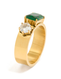 Displaying a waterproof gold plated stainless steel thick band ring with clear and green cubic zirconia in a statement design side detail view - link has visual effect only