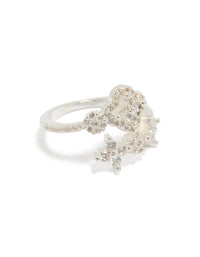Showcasing a dainty silver plated cubic zirconia floral wrap ring with clear accents front view - link has visual effect only