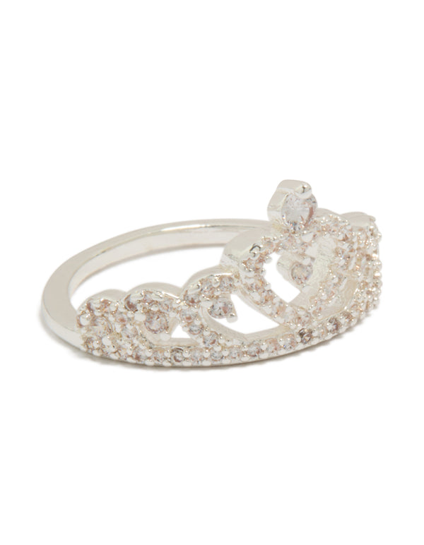 Showcasing a statement ring with a princess heart design, crafted from plated metal and featuring a clear cubic zirconia stone front view