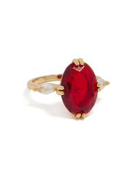 Stunning gold plated cubic zirconia large red oval statement ring with crystal accents and clear stone details front view - link has visual effect only