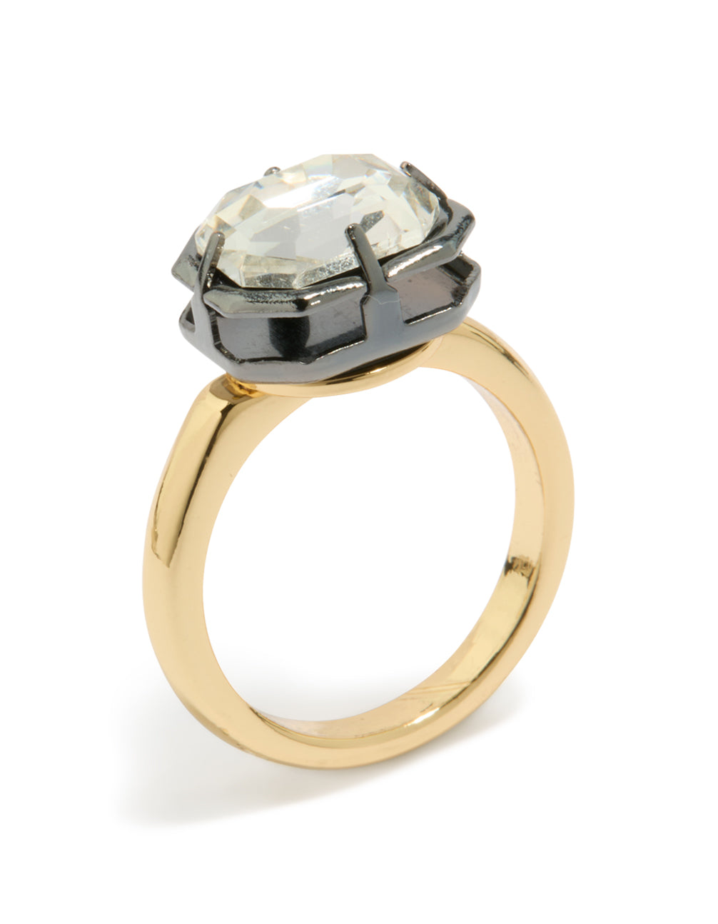 Displaying a gold plated cubic zirconia mixed metal statement ring featuring crystal detailing in silver with chunky construction side detail view