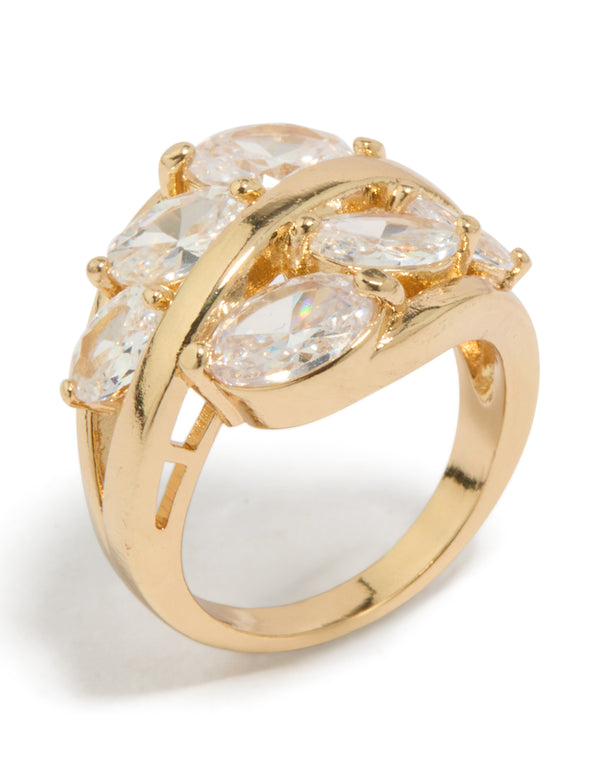 Statement gold plated layered ring featuring oval cut cubic zirconia clusters side detail view