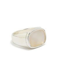 Showcasing a waterproof stainless steel square shell signet ring in silver with shell featuring and clear tones, crafted as a statement piece front view - link has visual effect only